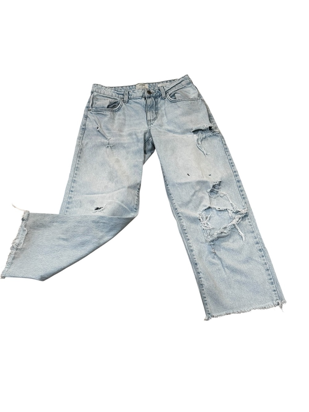 Cotton On light wash distressed with holes & tears low straight leg jeans, 26.